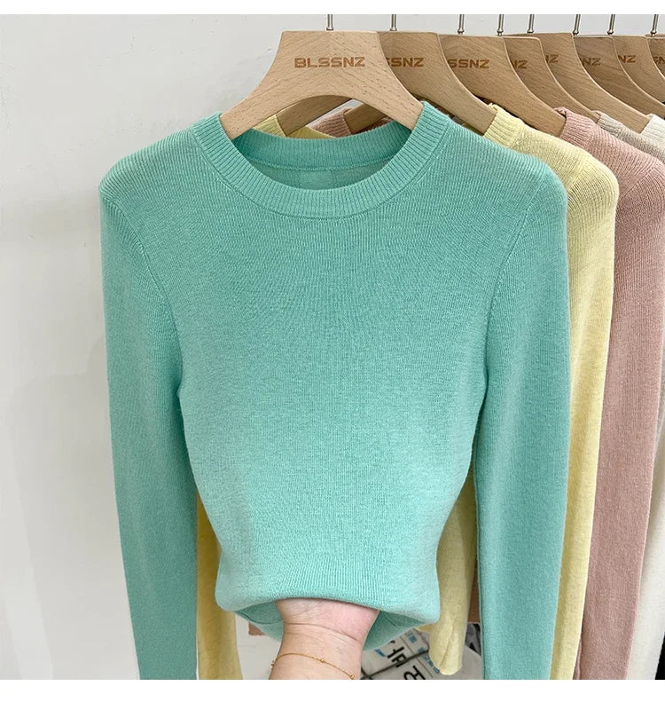 Spring  Basic O-Neck Slim T-Shirt Women Solid Multi Color All-Match Trend Casual Top Screw Knit Long Sleeve Elastic Office Lady