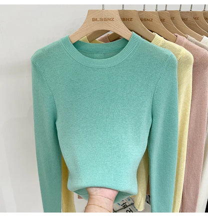 Spring  Basic O-Neck Slim T-Shirt Women Solid Multi Color All-Match Trend Casual Top Screw Knit Long Sleeve Elastic Office Lady