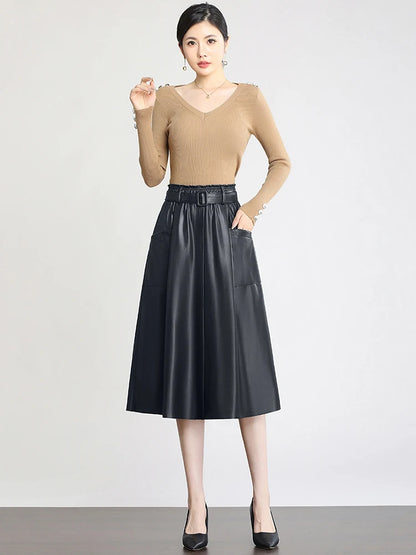 S-5XL New Women Plus Size Leather Skirt Spring Autumn Fashion Stretch Waist A-Line Loose Long Skirt Split Leather Sheepskin.