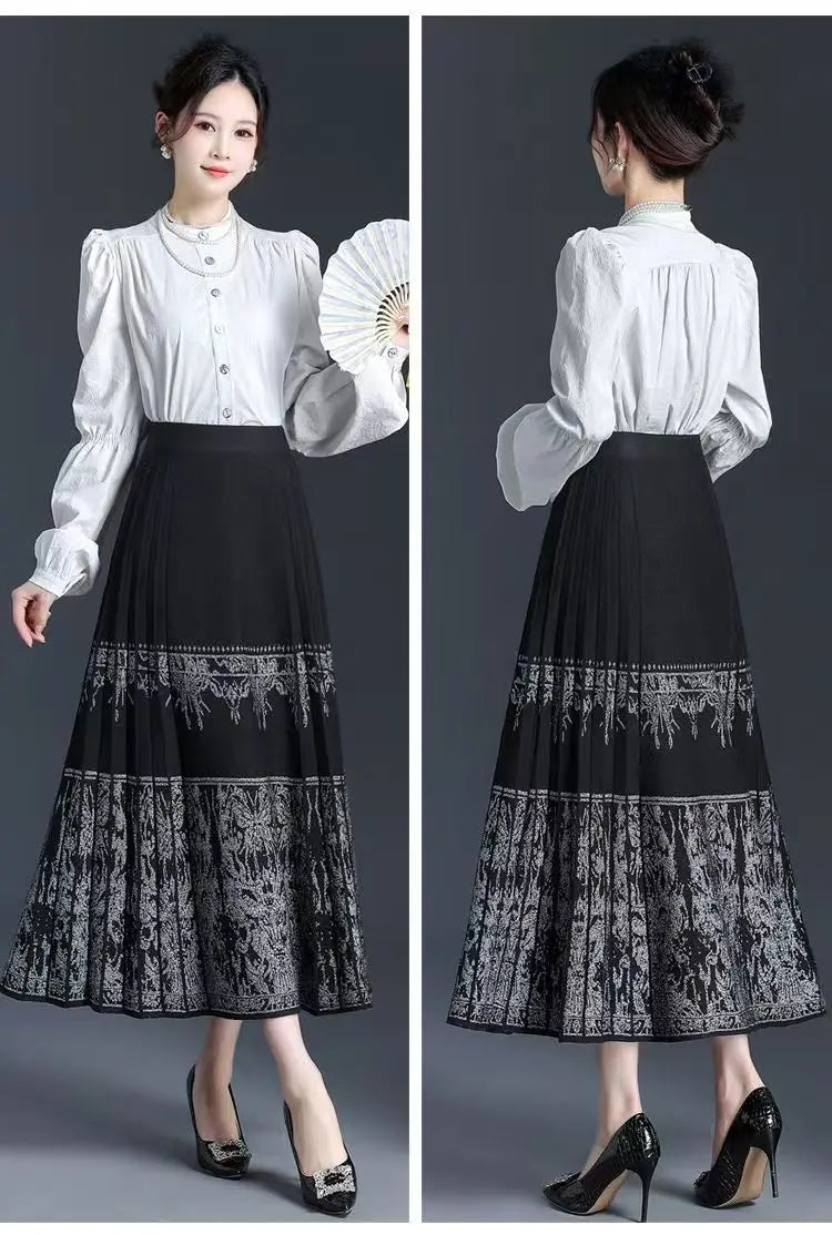 FairyShely Pleated Knitted Skirt For Women 2025 Autumn Winter Warm High Waist Long Skirts Ladies Plus Size Black A-line Skirt.