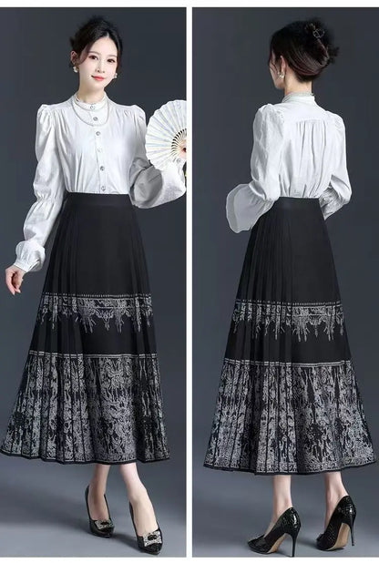 FairyShely Pleated Knitted Skirt For Women 2025 Autumn Winter Warm High Waist Long Skirts Ladies Plus Size Black A-line Skirt.