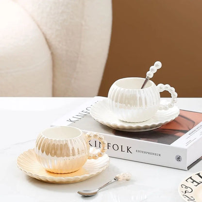 Light Luxury High Aesthetic Pearl Glazed Coffee Cup and Plate Set European Ceramic Afternoon Tea Cup Plate with Spoon Home Use.