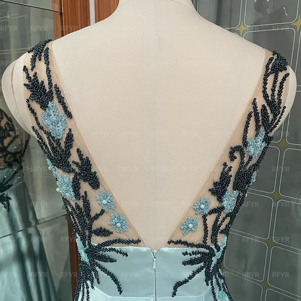 RFYR Spaghettiträger Blaue formelle Kleider Tiefer V-Ausschnitt Partykleid für Hochzeit Applikationen Spitze Kleider für besondere Anlässe Maßgeschneidert.