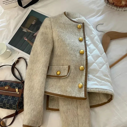 Vintage Cropped Tweed Jacket Women Thicken Quilted Blazer Korean Elegant Short Coat Winter Single Breasted Casual Outerwear Tops.
