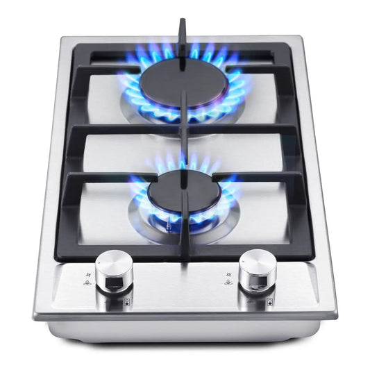 Stainless Steel Gas Hob Automatic Flame Protection 2 Bulbs | Dual Fuel Natural Gas/Propane Built-in/Freestanding 2400W 220-240V.