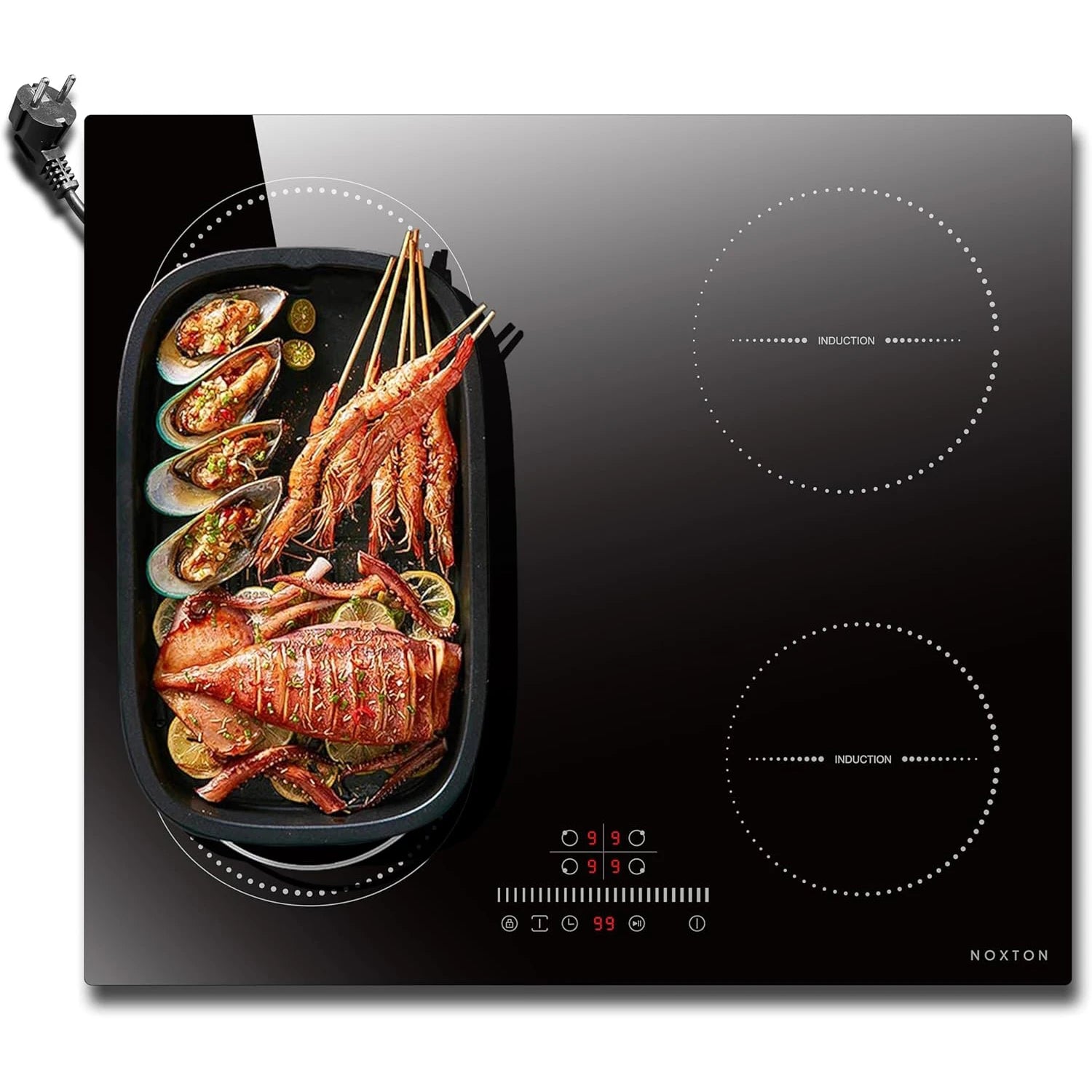 NOXTON White/Black Induction Hob Plug in, (UK:2800W/EU:3500W) 4 Zones with 1 Grill Zone, 60CM Touch, Safety Lock,Ceramic Glass.
