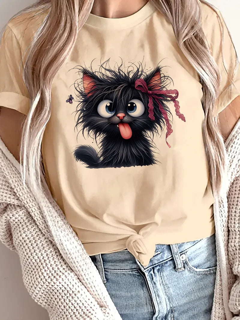 Lustiges Fried Cat Cartoon-T-Shirt für Damen mit verspielter Schleife, Schmetterlingsdruck, lässiges Kurzarm-T-Shirt für Damen, Kleidung, Top-T-Shirt