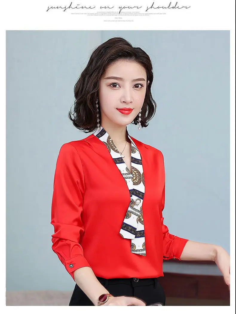 Women's fashionable streamer tops fashionable and elegant small fragrance style covering the belly satin shirt.