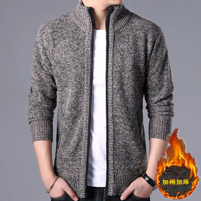 New Men's Casual High Collar Long Sleeve Knitted Top with Velvet Warmth for Autumn and Winter Fashion Multi Functional Jacket.