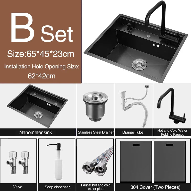 Nanometer Double Cover Hidden Kitchen Sink 304 Stainless Steel 3 Holes Handmade Single Large Size Kitchen Hidden Sinks