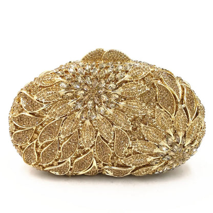 Gold Metal Leaves White Crystals Evening Clutch Bags Luxury Women Wedding Party Purse Ball Handbags Rhinestone Mini heart bag.