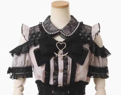 Japanese Liz New Summer Lace Edge Leather Ring High Waist Pleated Skirt Ribbon Bow All-match Short Skirts Big Bow Lolita Blouses