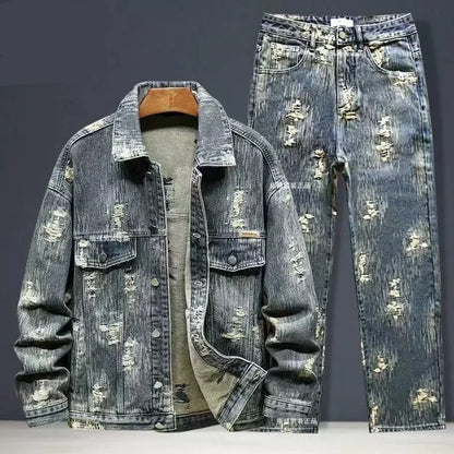 Spring Autumn New American Denim Coats Set Classic  retro Cowboy Jeans Trendy Two-Piece Sets Versatile Outerwear Casual Jacket.