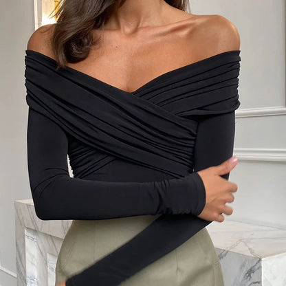Chic Sexy Criss-cross Pleated Slash Neck Slim Fit Solid Color Basic 2024 Sexy Hot Female Long-sleeves High Waisted Bodysuit Tops