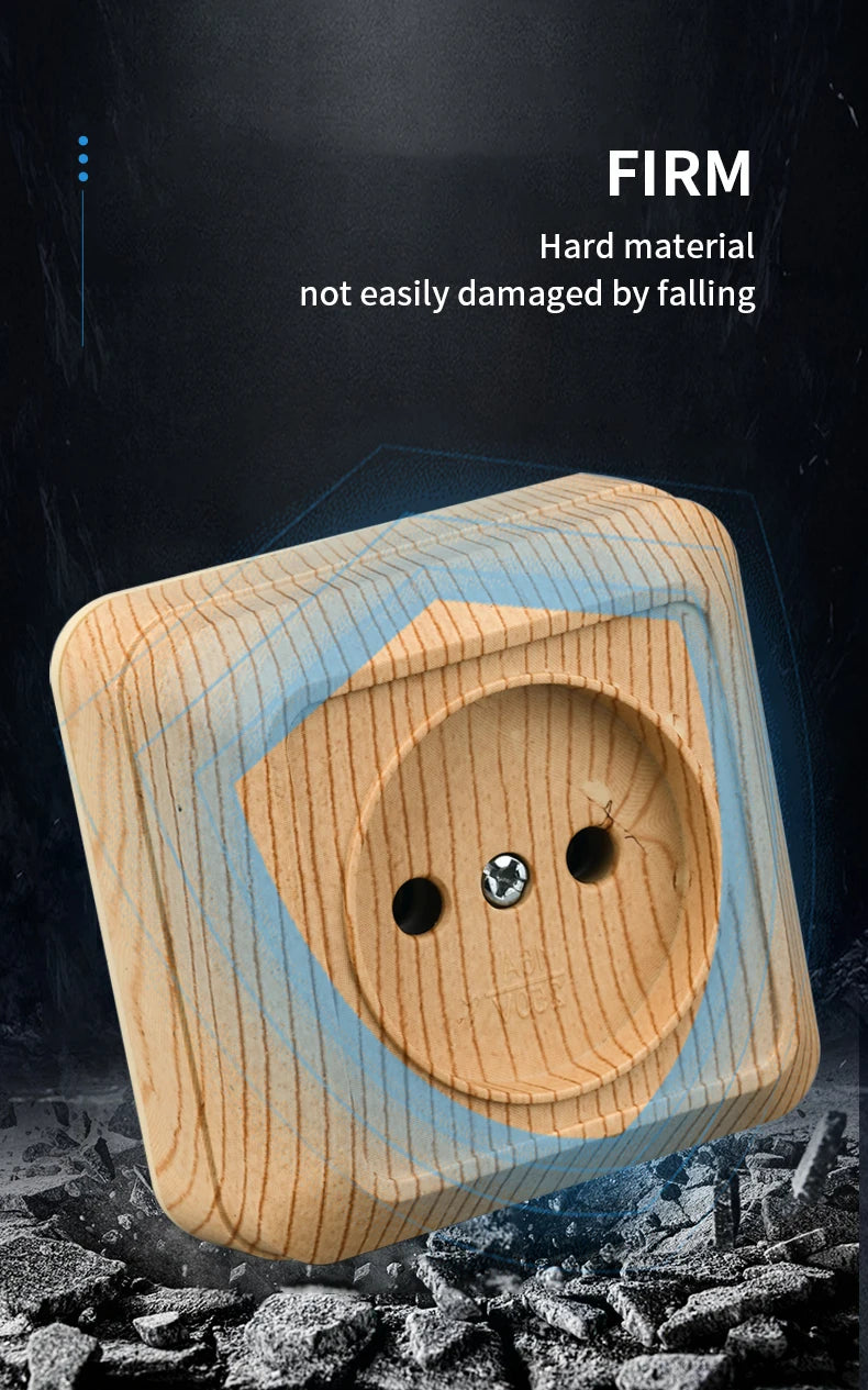 WESA Holz-Wandsteckdose, EU-Standard, Steckdose, Vintage-Imitation, Holzfarbe, Steckdose, flammhemmender Kunststoff.