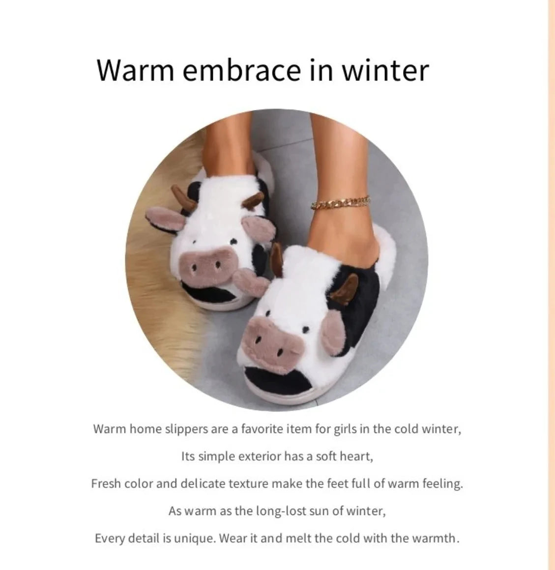 Shevalues Plush Cartoon Milk Cow Slippers Winter Women Slippers Furry Non-Slips Women Cotton Slides Couples Soft Cozy Flat Shoes.
