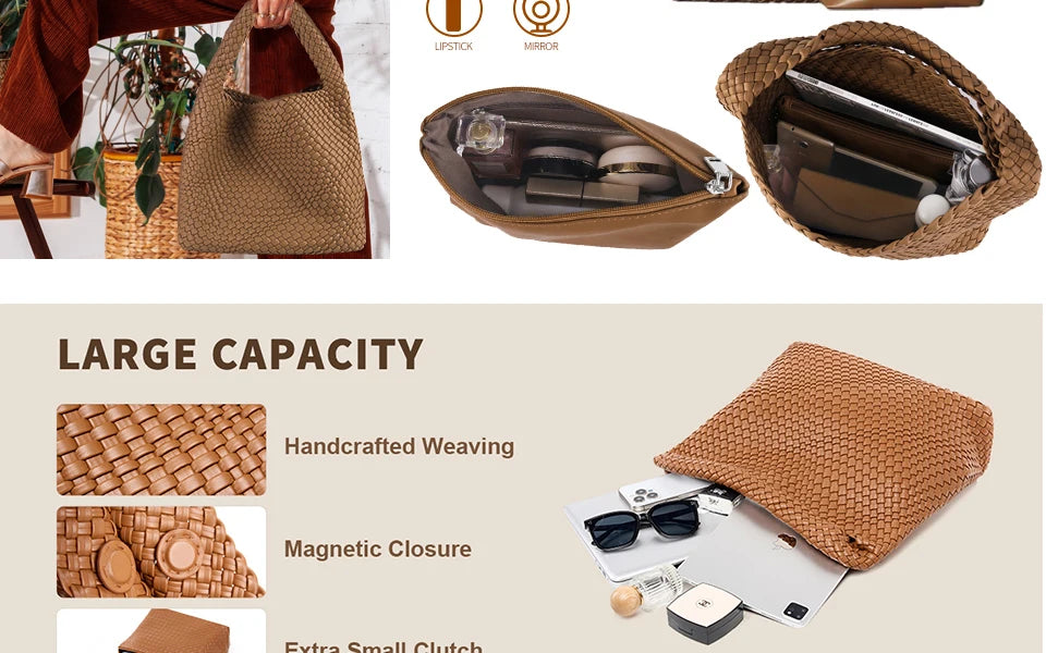Woven Tote Bag for Women Large Woven Handbag Soft Leather Shoulder Bag Work Shopper Summer Beach Travel Tote Bag with Purse.