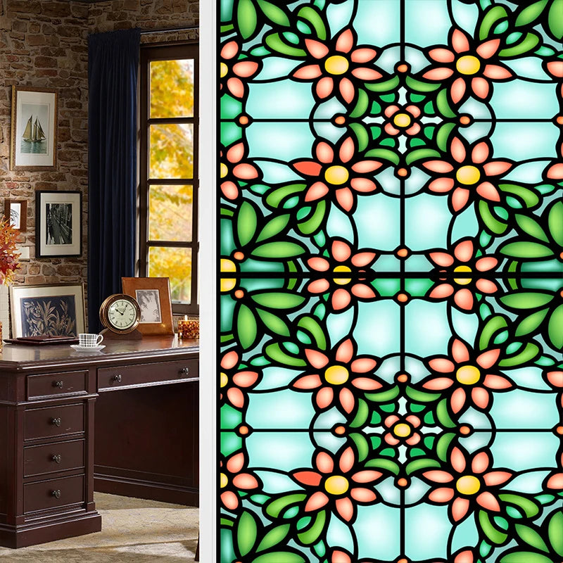 Colorful Retro Flower Bird Window Film PVC Electrostatic Glass Stickers Stained Window Films Static Cling Frosted Glass Film.