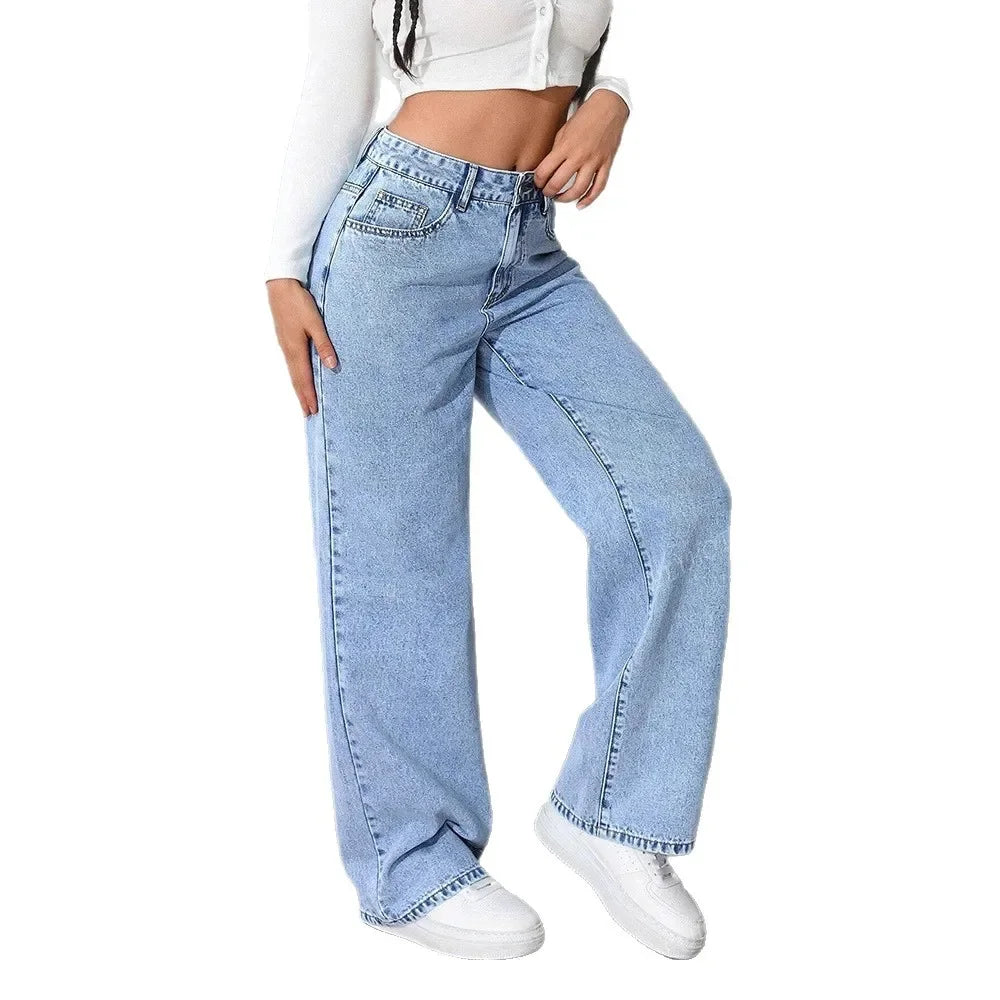 Fashionable Loose Women's Jeans High Waist Straight Leg Summer New Style Printed Trendy Cross-Border Denim Pants.