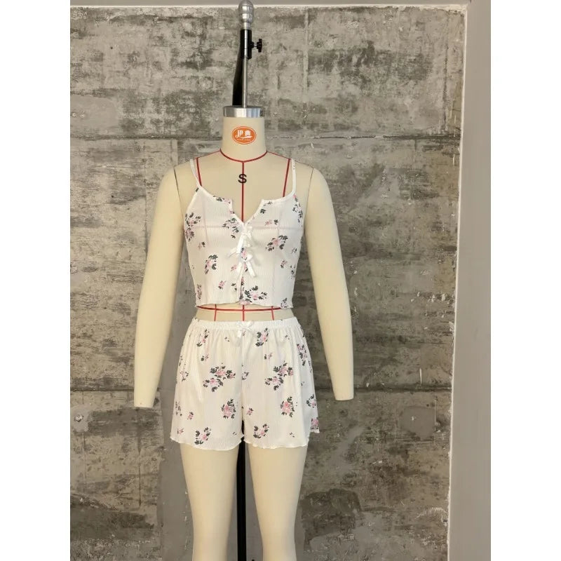 Damen Sexy Pyjamas Herz Wimpern Bedrucktes Pyjama Set V-Ausschnitt Camisole Top Shorts Loungewear.