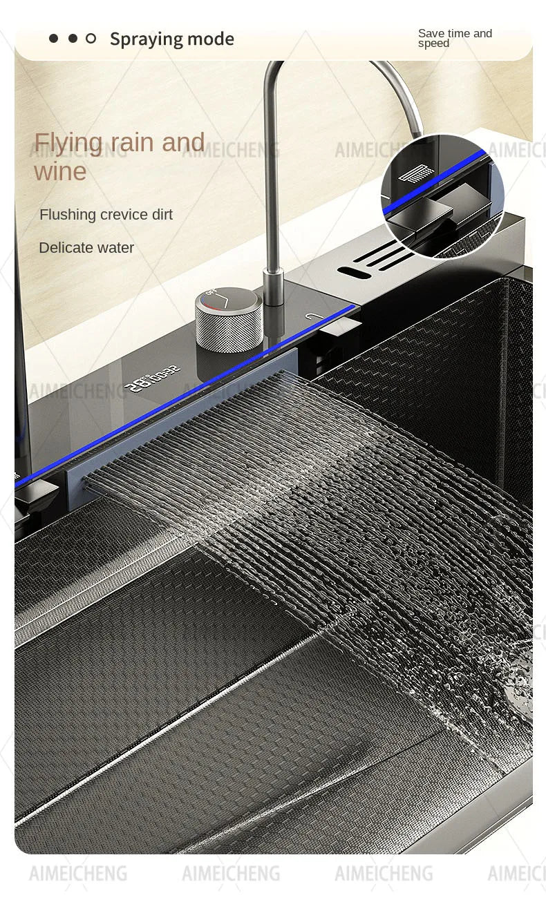 Heißer verkauf Edelstahl Wasserfall Küche Waschbecken Mit Messer Halter Digital Display Wasserhahn Set Geprägte Extra Große Einzigen Slot