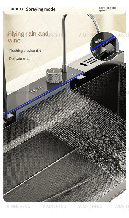 Heißer verkauf Edelstahl Wasserfall Küche Waschbecken Mit Messer Halter Digital Display Wasserhahn Set Geprägte Extra Große Einzigen Slot