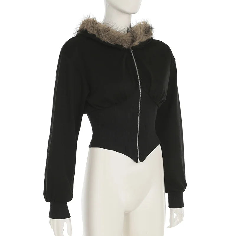 Goth Dark Autumn Winter Faux Fur Collar Solid Hooded Coats Women Casual Slim Waist Zip Hoodies Gothic Jackets Chic Streetwear.