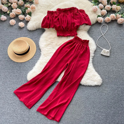 2024 Summer Green/Black/Red Two Piece Set Women Sexy Slash Neck Short Tops + High Waist Wide Leg Pants Female Suit New.