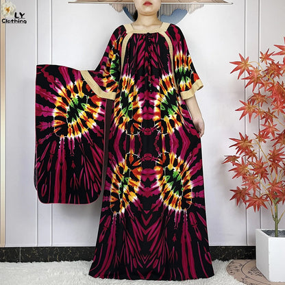 New Muslim Dress Woman Short Sleeve Dashiki African Abaya Tie-dyed Printing Cotton Loose Femme Robe Islamic Dresses With Scarf