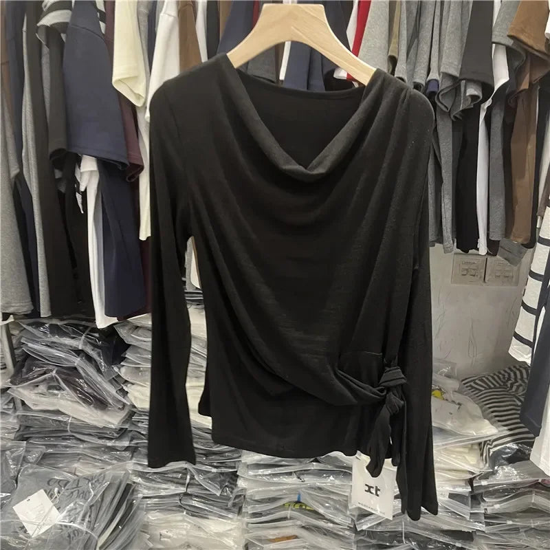 Women's Long Sleeve Striped T-Shirt Shoulder Baring Side Tie Base Shirt Versatile Autumn Fashion Design Cotton Top.