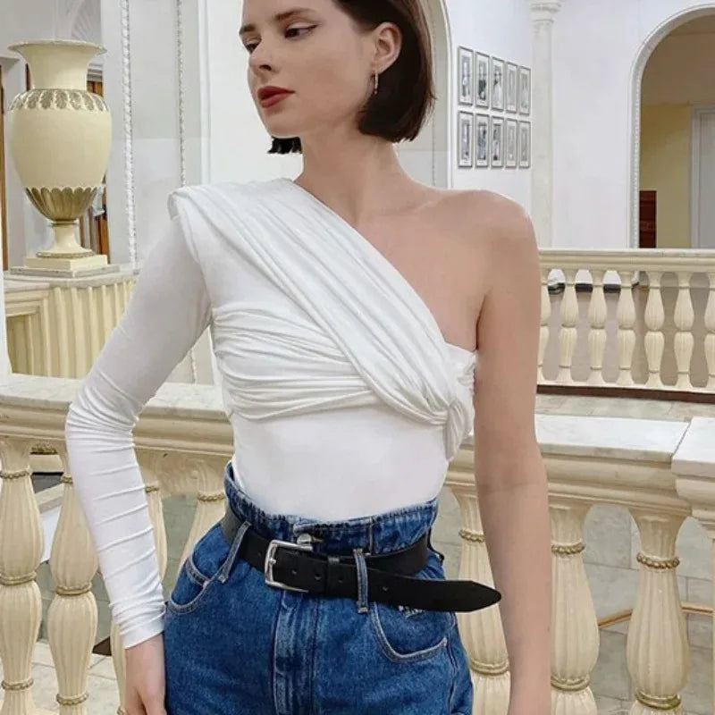 High Waist Irregular Bodysuit Backless Twist Streetwear One Shoulder Long Sleeve Tops Slim Club Party Sexy 19493.