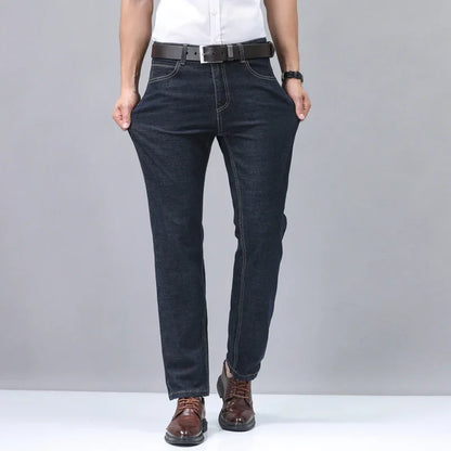 2024 New Brand Men's Fit Straight Lightweight Cotton Stretch Denim Pants Casual Male High Waist Thin Light Blue Business Jeans
