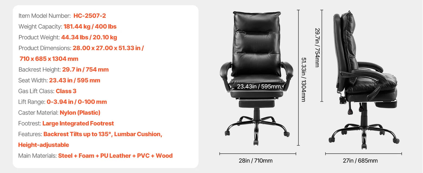 VEVOR Chefsessel Bürostuhl Drehstuhl mit hoher Rückenlehne & Fußstütze & Lendenkissen, ergonomischer Schreibtischstuhl mit 135° Neigung und einstellbarer Höhe, für Arbeit Arbeitszimmer Spielen