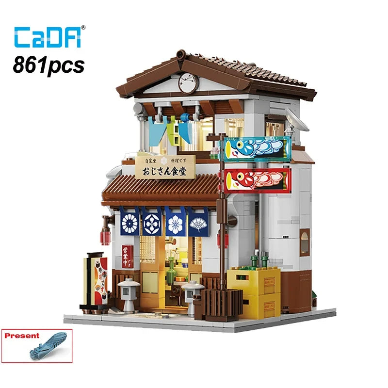 Cada Japanese Sushi HouseBricks Shop LED Japanese Steamed Bun House Building Blocks Summer Cafe cada Toy Street View Series set