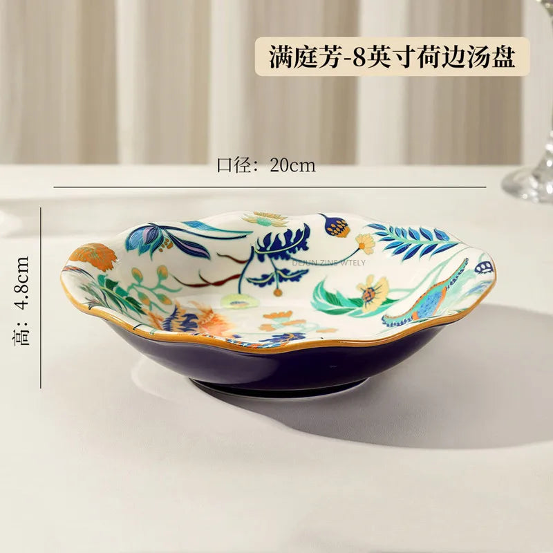 1PC Chinese-style Ceramic Plates New Flower-patterned Dinner Plates Ceramic Fruit Salad Plates Exquisite Kitchen Accessories