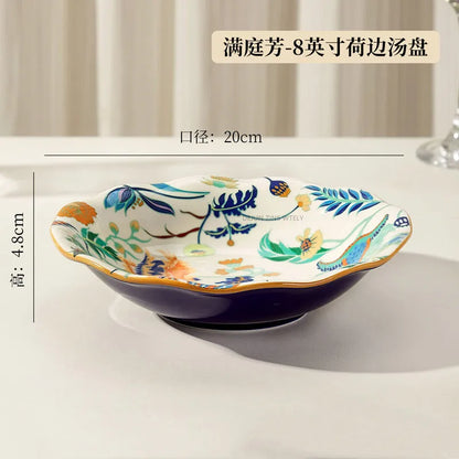 1PC Chinese-style Ceramic Plates New Flower-patterned Dinner Plates Ceramic Fruit Salad Plates Exquisite Kitchen Accessories
