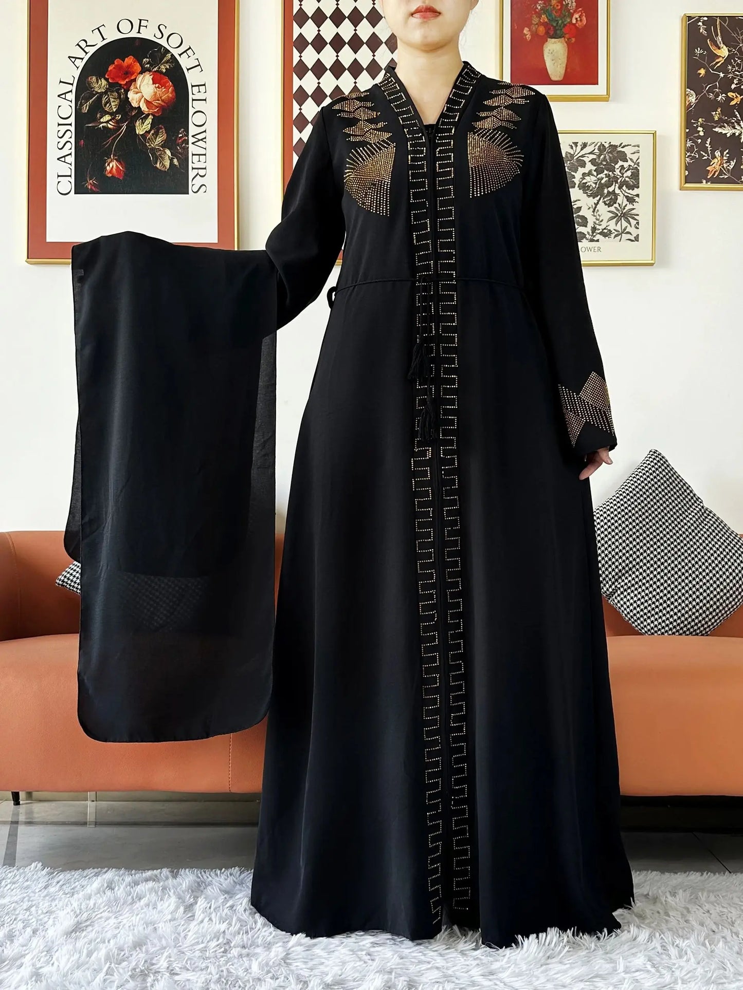 New Women Elegant Dress Chiffon Open Abaya with Zipper Muslim Women Dress Islamic Clothing Cardigan Abaya Women Muslim Dress