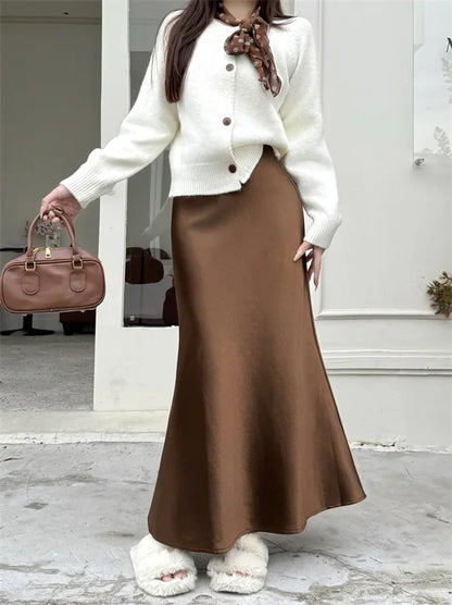 High Waist Women's Fleece-Lined Thickened Elegant Long Skirt Satin Mermaid Skirt Elegant Drapey Bodycon Skirt For Autumn Winter