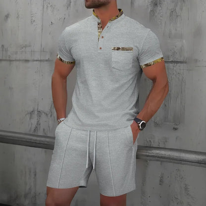 2025 Men Europe and the United States new summer Waffle solid color zip-up lapel short-sleeve suit shorts two sets