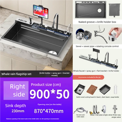 Stainless Steel Waterfall Kitchen Sink New With Draining Rack Digital Display Large Single Slot Dishwashing Sinks Wash Bowl