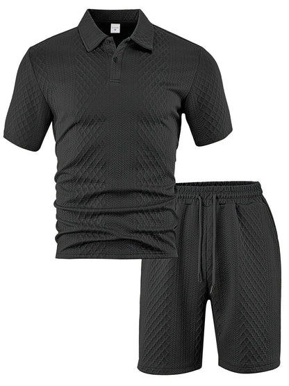2025 Summer New Men's Casual Sportswear Polo Shirt With A Lapel, Men's Short-sleeved Shirt And Shorts, Jacquard Texture Suit.