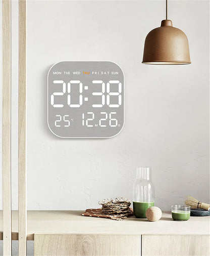 Wanduhr mit Spiegel-Bürsten-Finish, Premium-Gefühl, geräuschlos, Wanduhr, Tischwecker, Temperaturanzeige, Schlafzimmer, Büro, Wohnzimmer, Dekoration