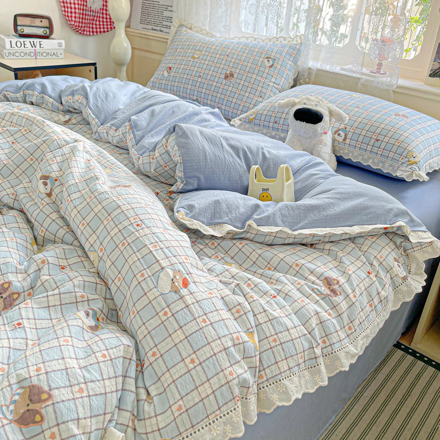 2025 new small fresh printing French lace lace double four-piece set bedding wrinkled yarn student three-piece set