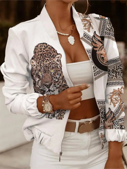 Mode Frauen Jacken Dünne Kurze Mäntel Herbst Vintage Print Lange Sleeve Zipper Dünne Jacke 2024 Casual Oberbekleidung Weibliche Jacke