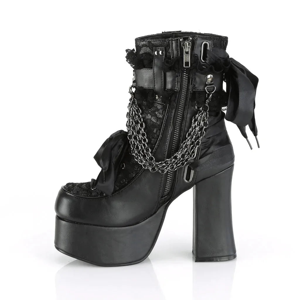 Gothic Style Chain Lace Up Bow Women Short Boots Retro Round Toe Square Heel Chunky Platform Ankle Boots Punk Ladies Party Shoes.