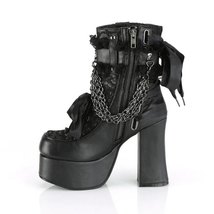 Gothic Style Chain Lace Up Bow Women Short Boots Retro Round Toe Square Heel Chunky Platform Ankle Boots Punk Ladies Party Shoes.