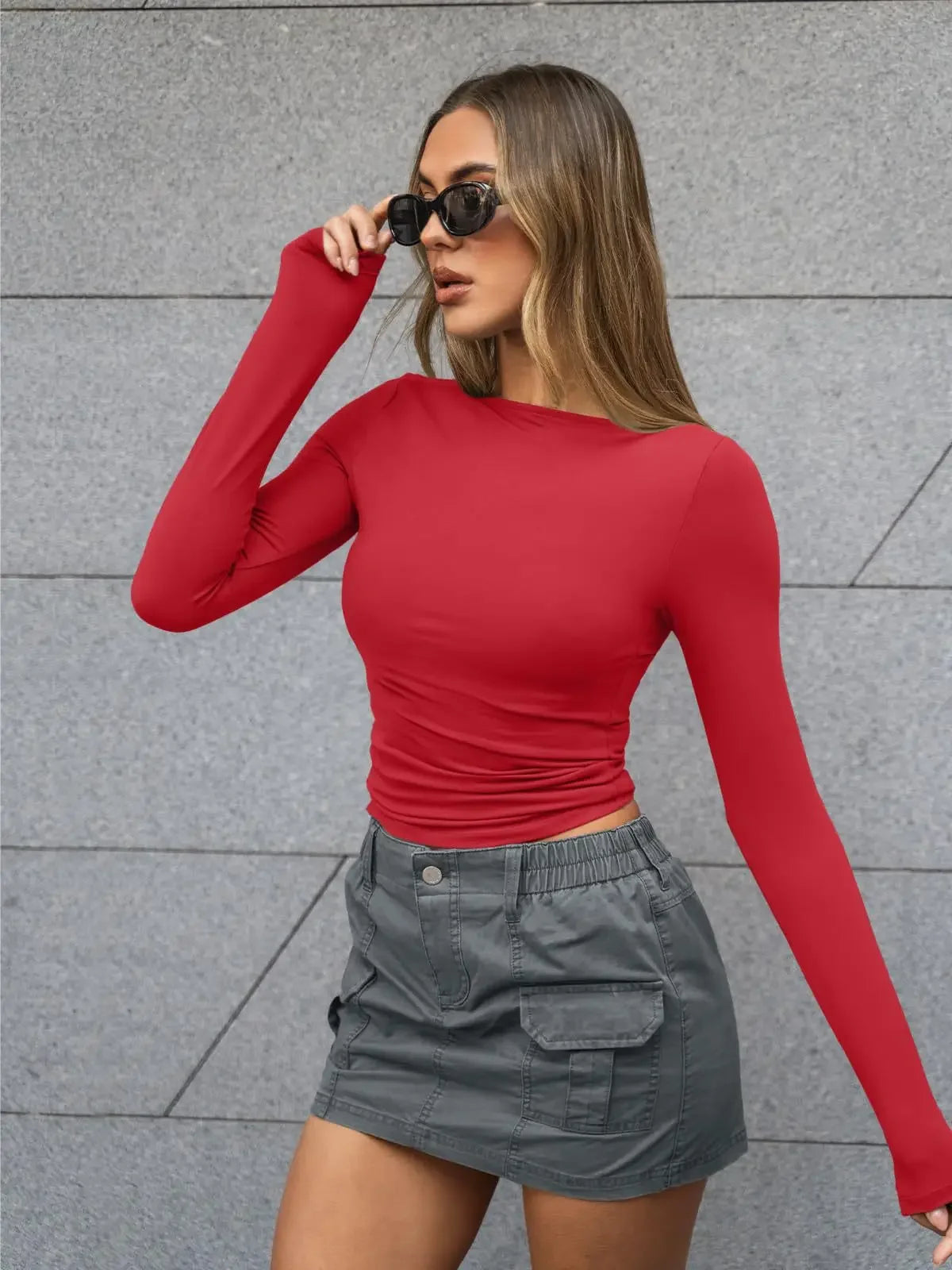 Summer Spring Slim-fitting Women's Clothing New One-neck Long-sleeved T-shirt Blouse Top Skinny Solid Color Tee.