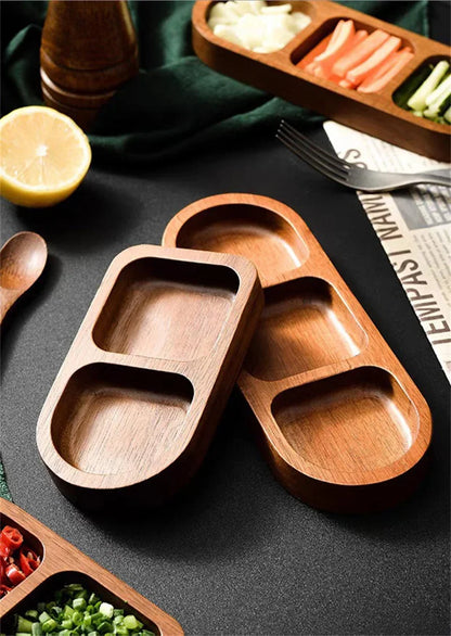 Solid Wood Rectangle Tray 2/3 Grid Condiment Plate Breakfast Sushi Bread Dessert Sauce Plate Kitchen Dinner Seasoning Dish.