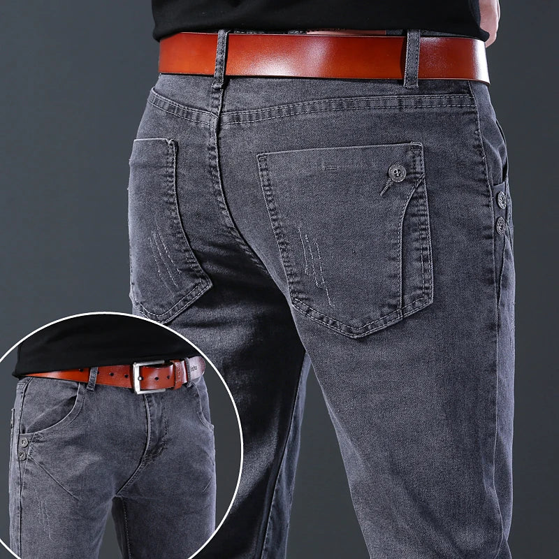 Men's slim fit Korean style comfortable straight leg elastic gray mid waist pants men's casual business jeans.