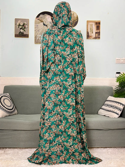 Muslim Cotton Abayas For Women Traditional Floral Ramadan Prayer Garment African Caftan Marocain Femme Robe Connected Headscarf.